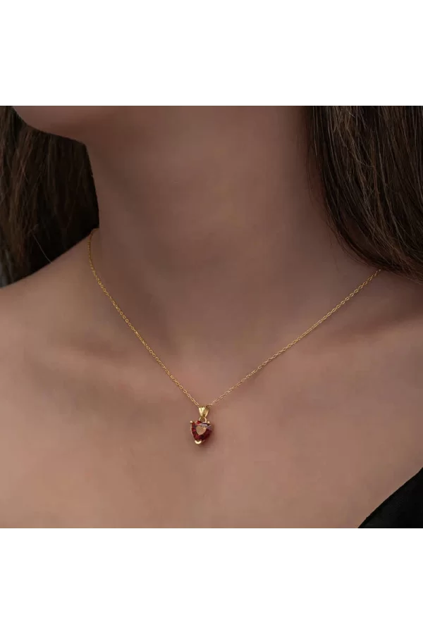 Luz&Pos Gümüş Gold Kırmızı Taşlı Kalpli Kadın Kolye