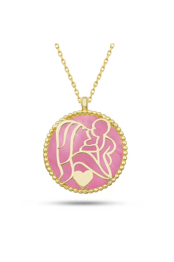 Luz&Pos Gümüş Gold Pembe Sedef Taşlı Anne Çocuk Sevgisi Kolye