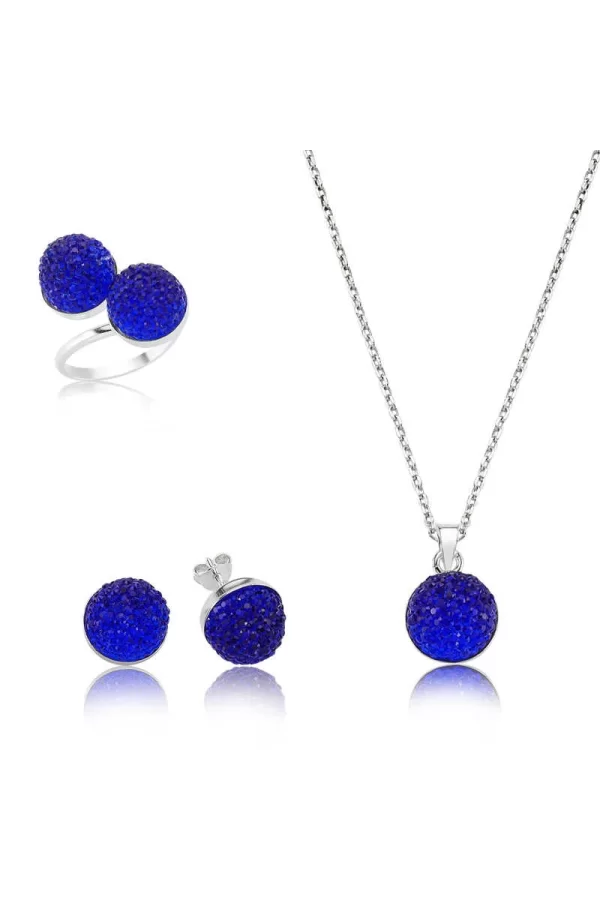 Luz&Pos Gümüş Lacivert Kristal Taşlı Bayan Set