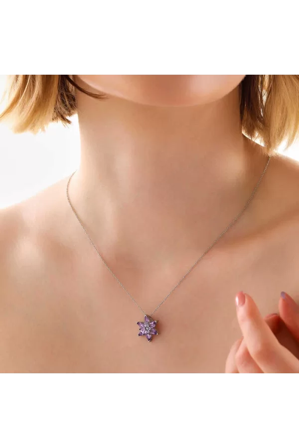 Luz&Pos Gümüş Lila Lotus Çiçeği Kadın Kolye