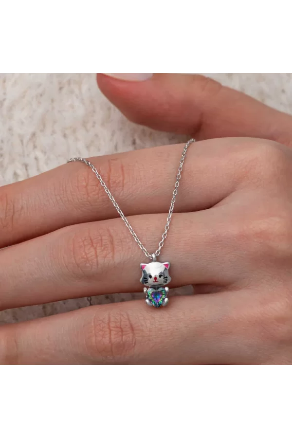 Luz&Pos Gümüş Mistik Topaz Taşlı Sevimli Kedi Kolye