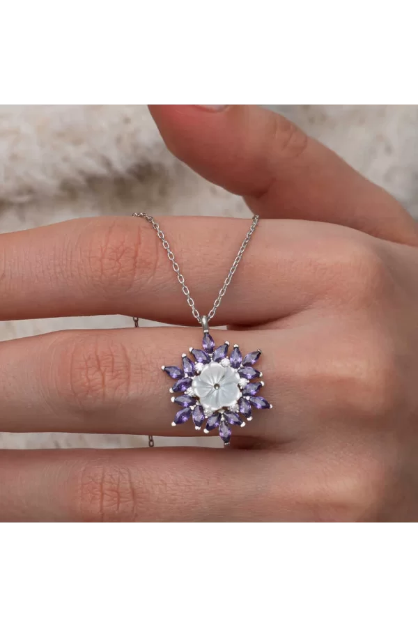 Luz&Pos Gümüş Mor Lotus Desenli Çiçek Kadın Kolye