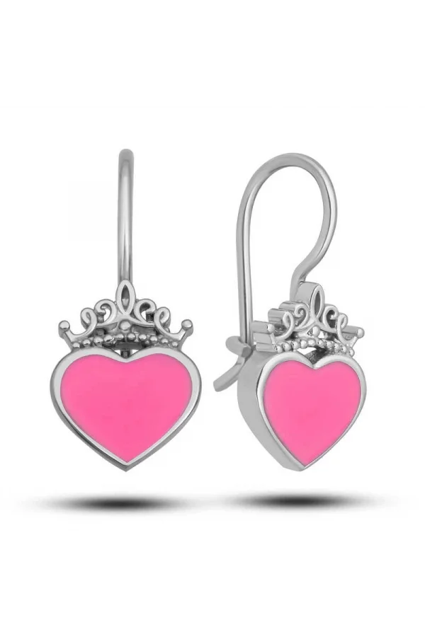Luz&Pos Gümüş Pembe Kalp Sallantılı Çocuk Küpe