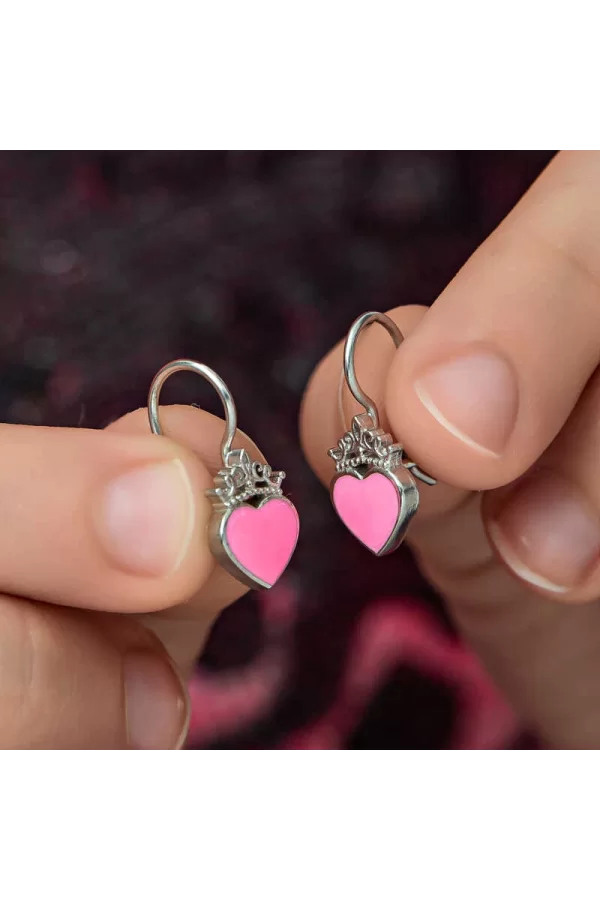 Luz&Pos Gümüş Pembe Kalp Sallantılı Çocuk Küpe