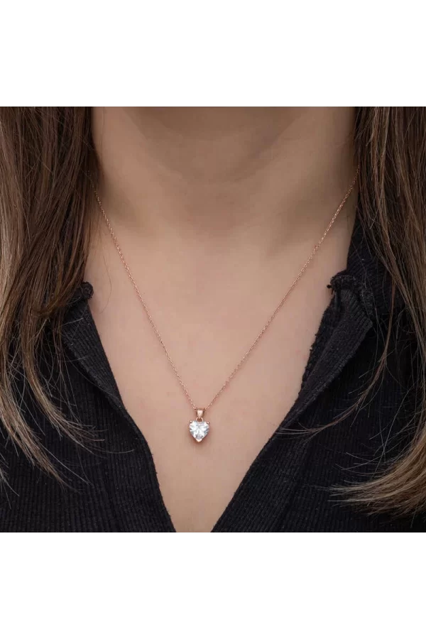 Luz&Pos Gümüş Rose Beyaz Taşlı Kalpli Kadın Kolye