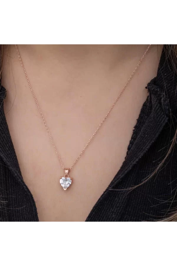 Luz&Pos Gümüş Rose Beyaz Taşlı Kalpli Kadın Kolye