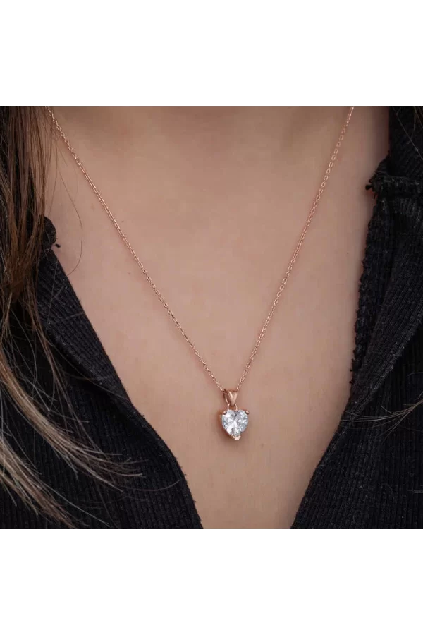 Luz&Pos Gümüş Rose Beyaz Taşlı Kalpli Kadın Kolye