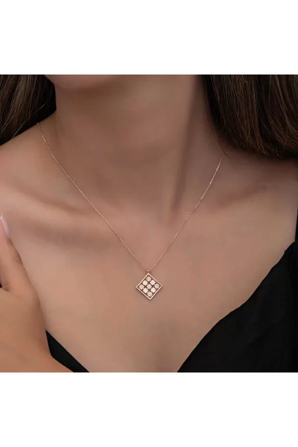 Luz&Pos Gümüş Rose Dörtgen Zirkon Taşlı Kadın Kolye