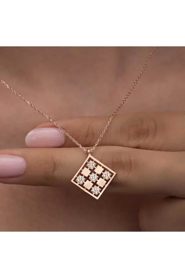 Luz&Pos Gümüş Rose Dörtgen Zirkon Taşlı Kadın Kolye