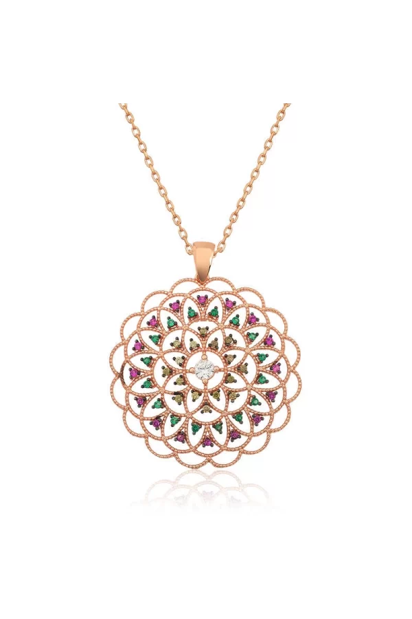 Luz&Pos Gümüş Rose Geometrik Desenli Madalyon Kolye
