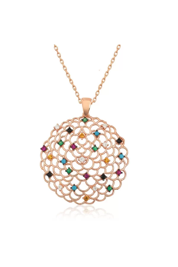 Luz&Pos Gümüş Rose Geometrik Desenli Madalyon Kolye