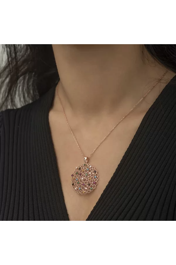 Luz&Pos Gümüş Rose Geometrik Desenli Madalyon Kolye