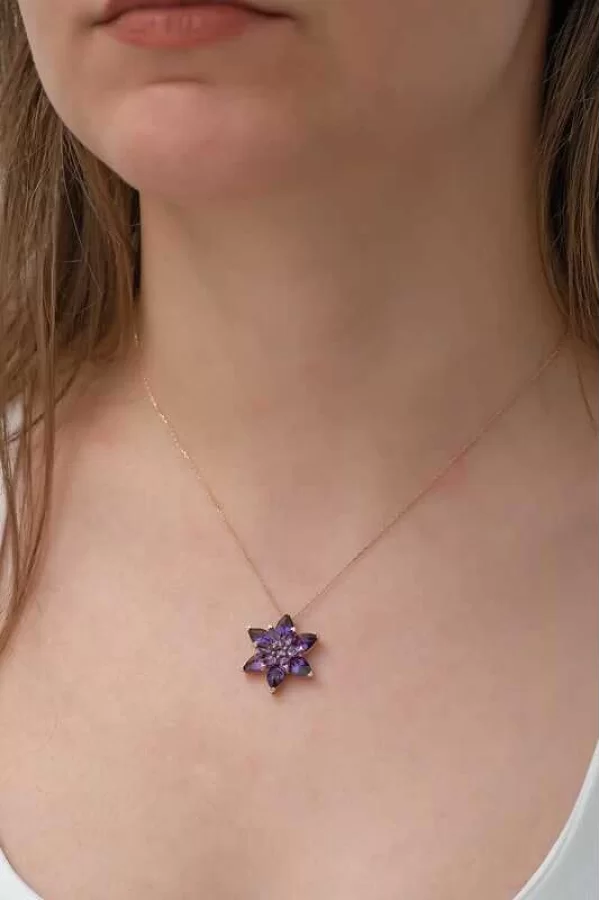Luz&Pos Gümüş Rose Mor Lotus Çiçeği Kolye