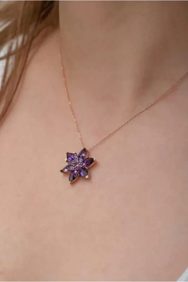 Luz&Pos Gümüş Rose Mor Lotus Çiçeği Kolye