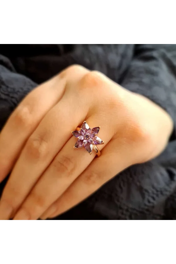 Luz&Pos Gümüş Rose Mor Lotus Çiçeği Yüzük