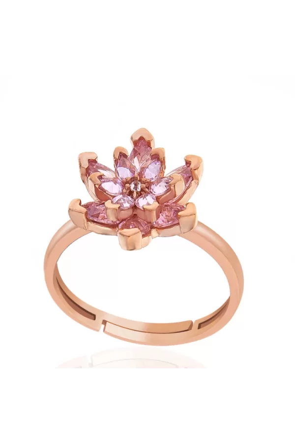 Luz&Pos Gümüş Rose Pembe Taşlı Lotus Çiçeği Kadın Yüzük