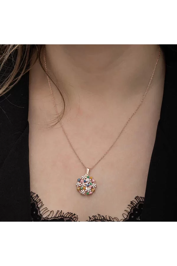 Luz&Pos Gümüş Rose Renkli Çiçek Kişiye Özel Kadın Kolye