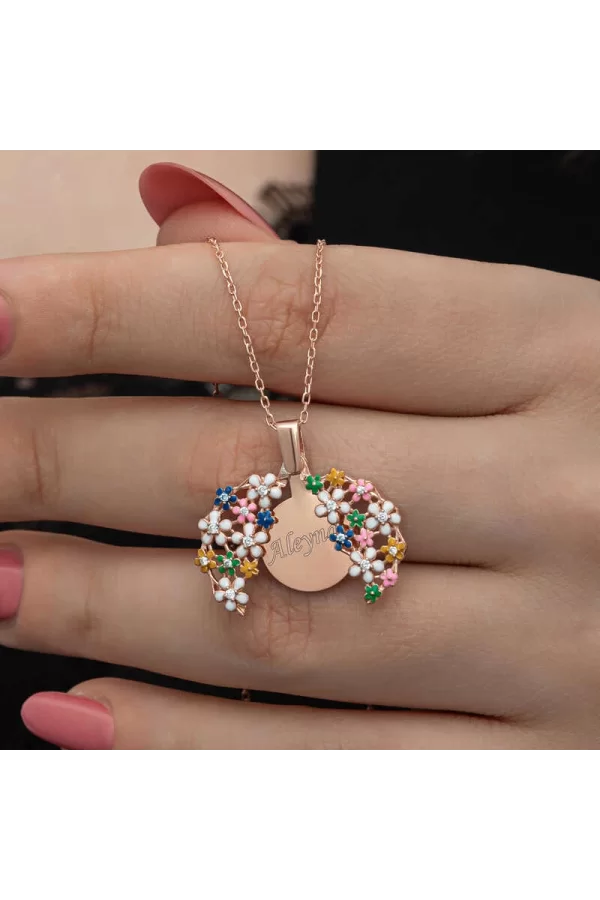 Luz&Pos Gümüş Rose Renkli Çiçek Kişiye Özel Kadın Kolye