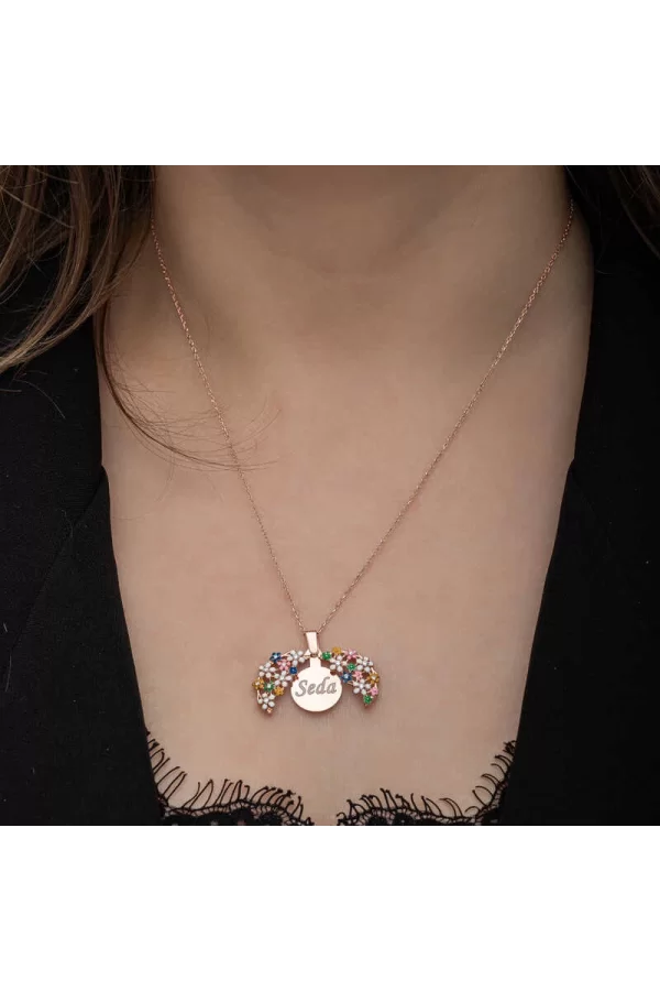 Luz&Pos Gümüş Rose Renkli Çiçek Kişiye Özel Kadın Kolye