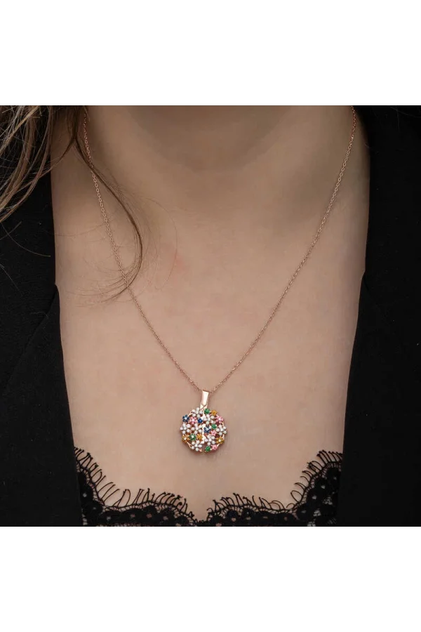Luz&Pos Gümüş Rose Renkli Çiçek Kişiye Özel Kadın Kolye