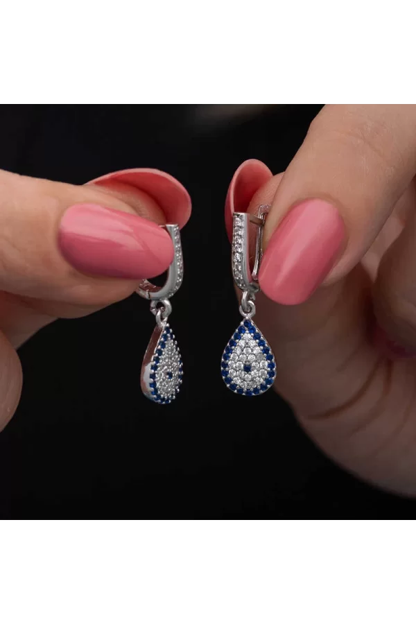 Luz&Pos Gümüş Sallantılı Damla Nazar Kadın Küpe