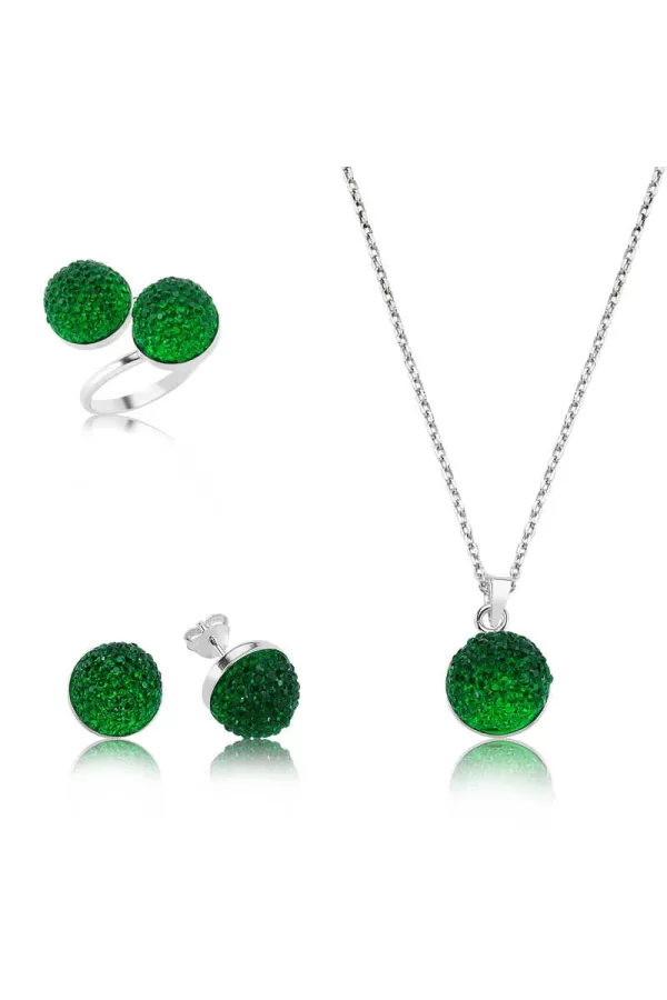 Luz&Pos Gümüş Yeşil Kristal Bayan Set