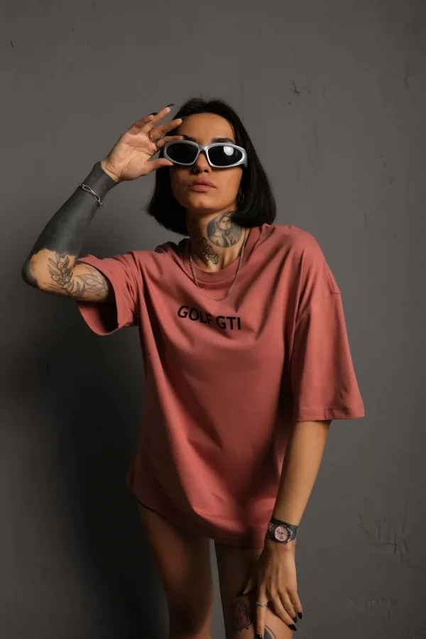 Luz&Pos Kadın Sırt Golf Gtı Baskılı Oversize T-shirt - Gül Kurusu
