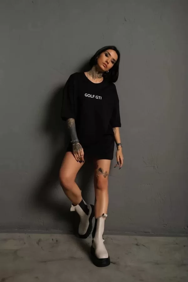 Luz&Pos Kadın Sırt Golf Gtı Baskılı Oversize T-shirt - Siyah