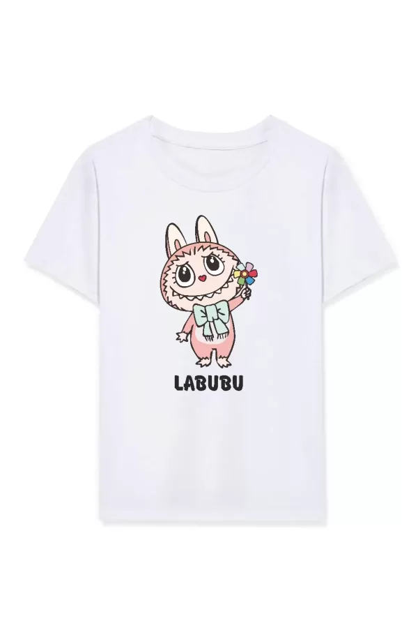 Luz&Pos Kız Labubu Çocuk Baskılı T-shirt - Beyaz