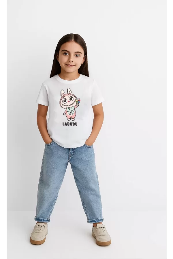 Luz&Pos Kız Labubu Çocuk Baskılı T-shirt - Beyaz