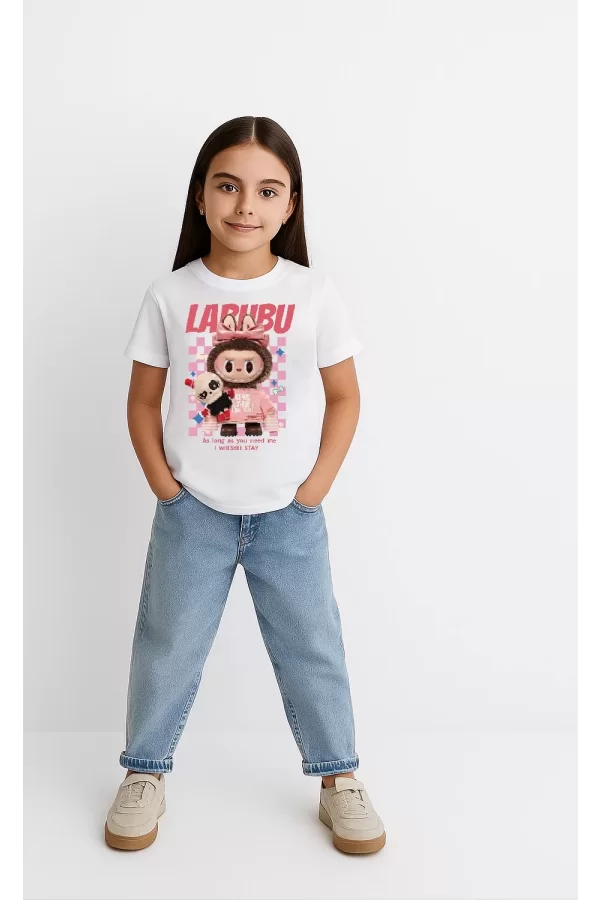 Luz&Pos Kız Labubu Çocuk Baskılı T-shirt - Beyaz