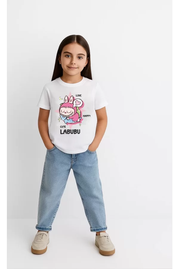Luz&Pos Kız Labubu Çocuk Baskılı T-shirt - Beyaz