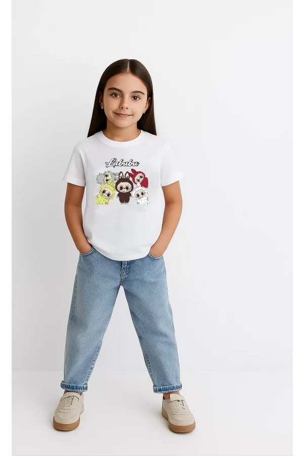 Luz&Pos Kız Labubu Çocuk Baskılı T-shirt - Beyaz