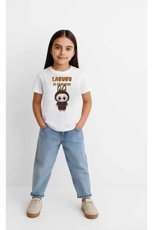 Luz&Pos Kız Labubu Çocuk Baskılı T-shirt - Beyaz