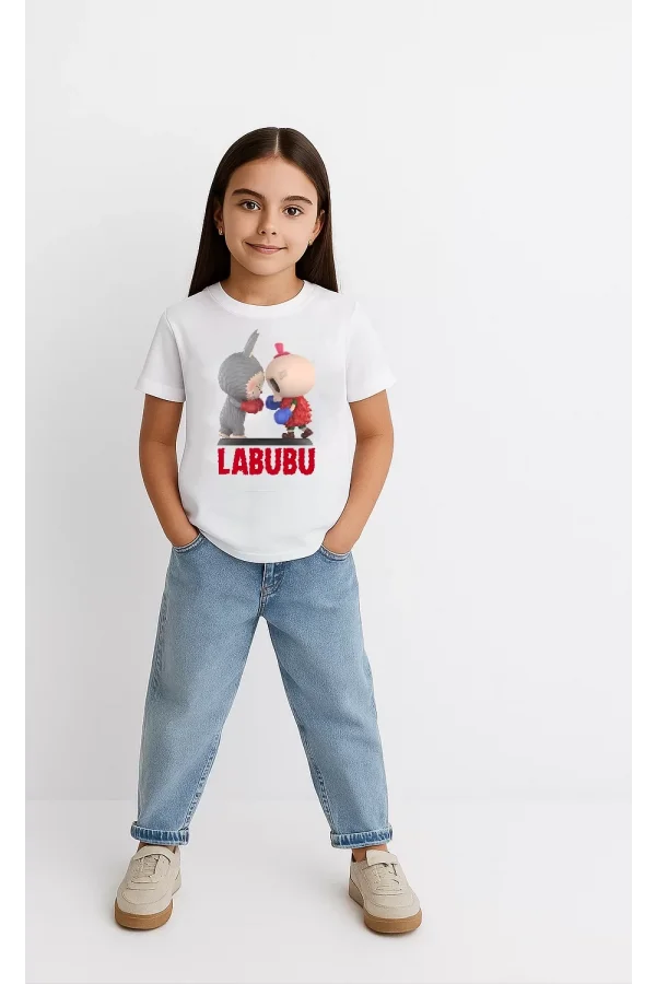 Luz&Pos Kız Labubu Çocuk Baskılı T-shirt - Beyaz