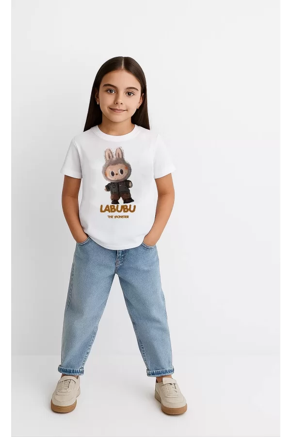 Luz&Pos Kız Labubu Çocuk Baskılı T-shirt - Beyaz