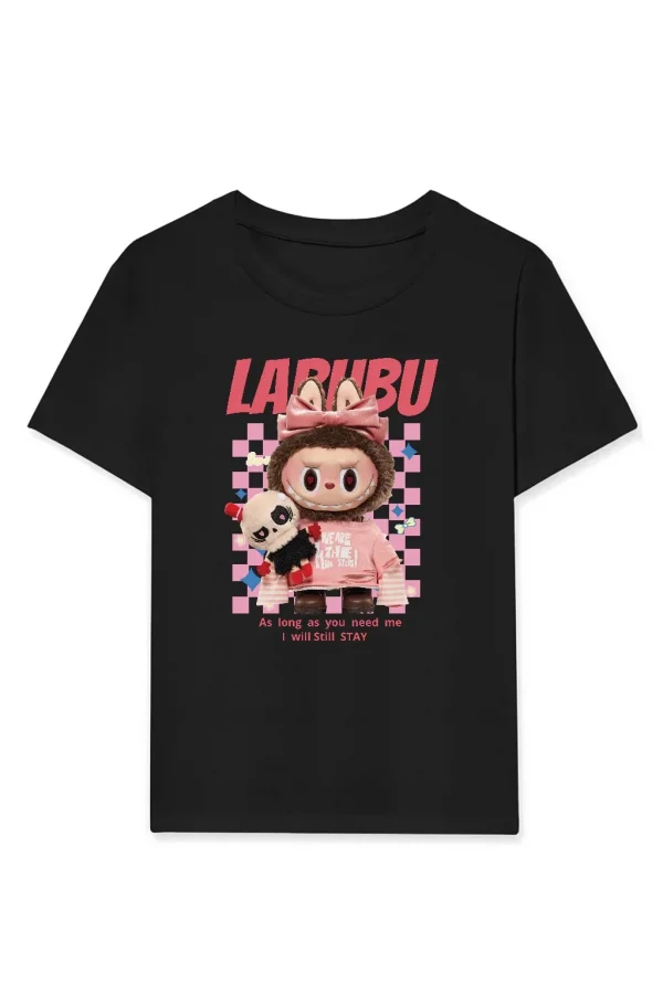 Luz&Pos Kız Labubu Çocuk Baskılı T-shirt - Siyah