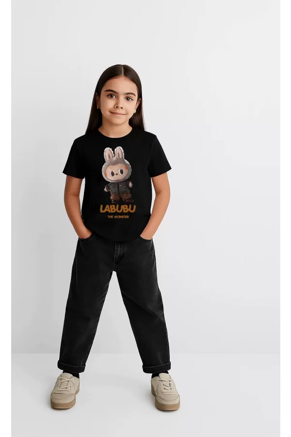 Luz&Pos Kız Labubu Çocuk Baskılı T-shirt - Siyah