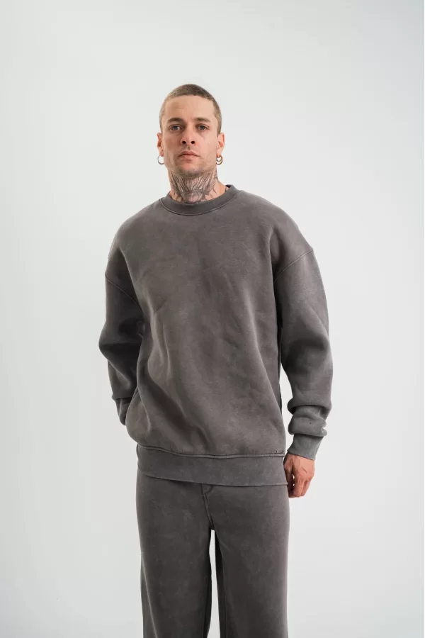 Luz&Pos Unisex Uzun Kol Bisiklet Yaka Yıkamalı Sweatshirt - Füme