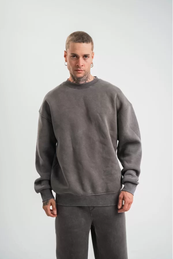 Luz&Pos Unisex Uzun Kol Bisiklet Yaka Yıkamalı Sweatshirt - Füme