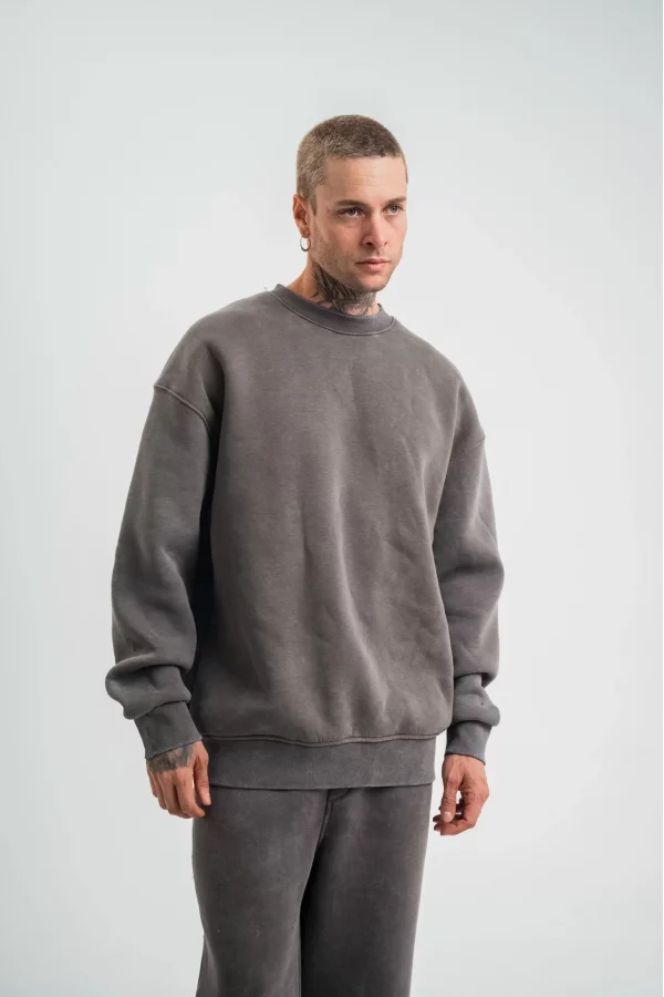 Luz&Pos Unisex Uzun Kol Bisiklet Yaka Yıkamalı Sweatshirt - Füme