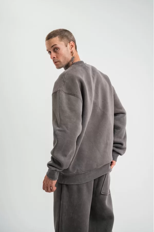 Luz&Pos Unisex Uzun Kol Bisiklet Yaka Yıkamalı Sweatshirt - Füme