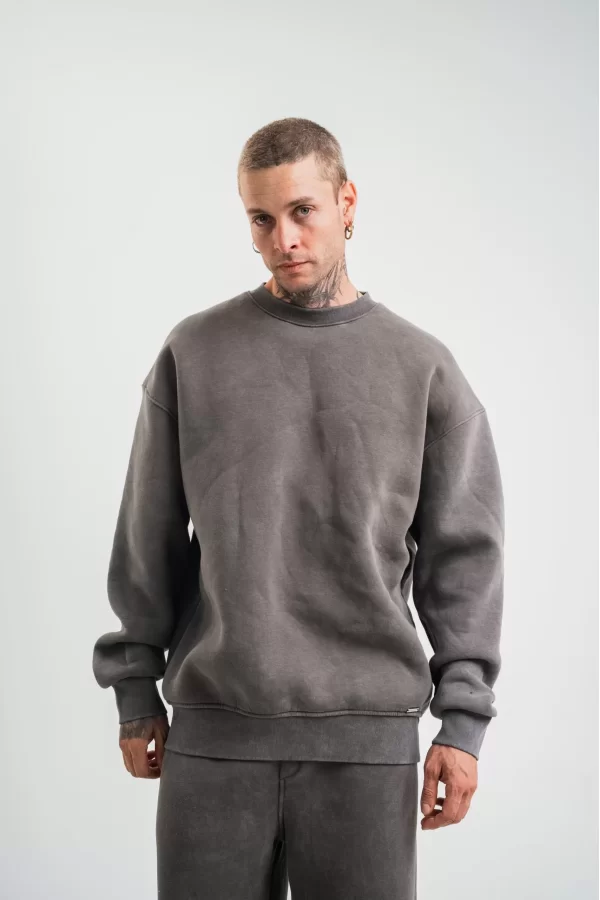 Luz&Pos Unisex Uzun Kol Bisiklet Yaka Yıkamalı Sweatshirt - Füme