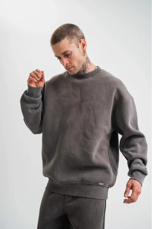 Luz&Pos Unisex Uzun Kol Bisiklet Yaka Yıkamalı Sweatshirt - Füme