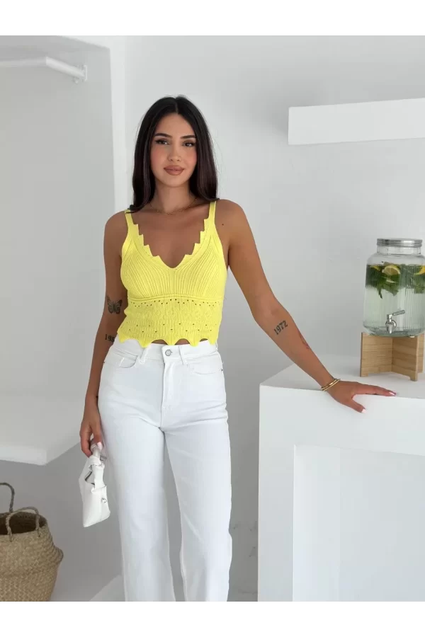 Luz&Pos V Yaka Askılı Arkası Açık Triko Crop - Sarı