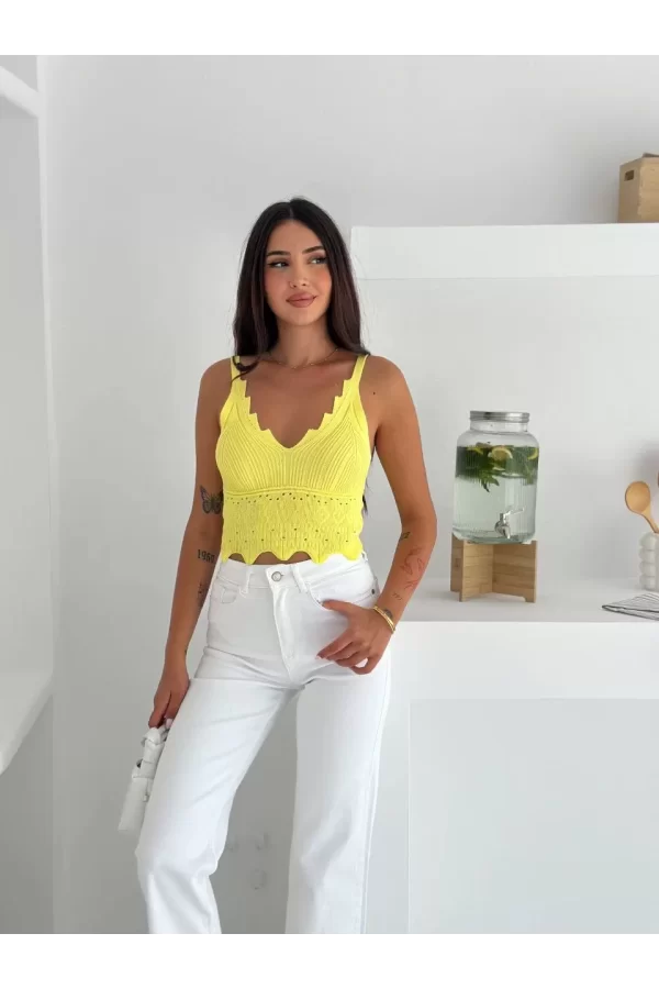 Luz&Pos V Yaka Askılı Arkası Açık Triko Crop - Sarı