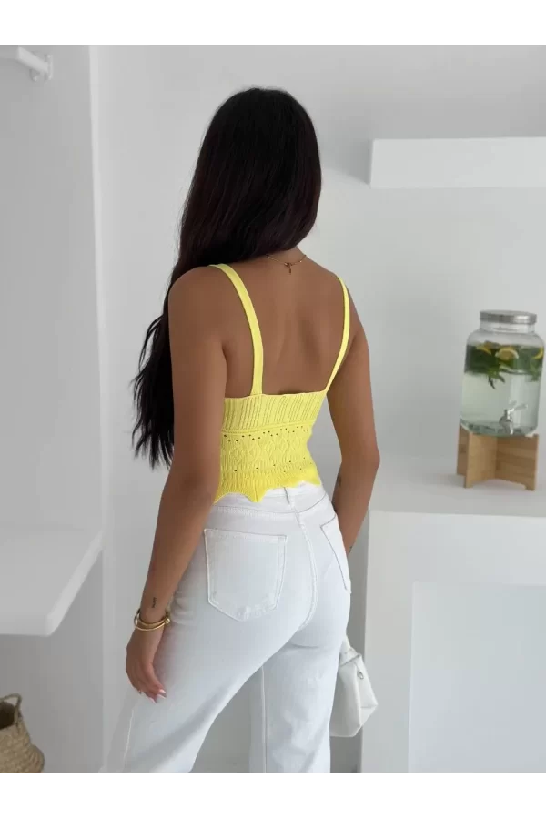 Luz&Pos V Yaka Askılı Arkası Açık Triko Crop - Sarı