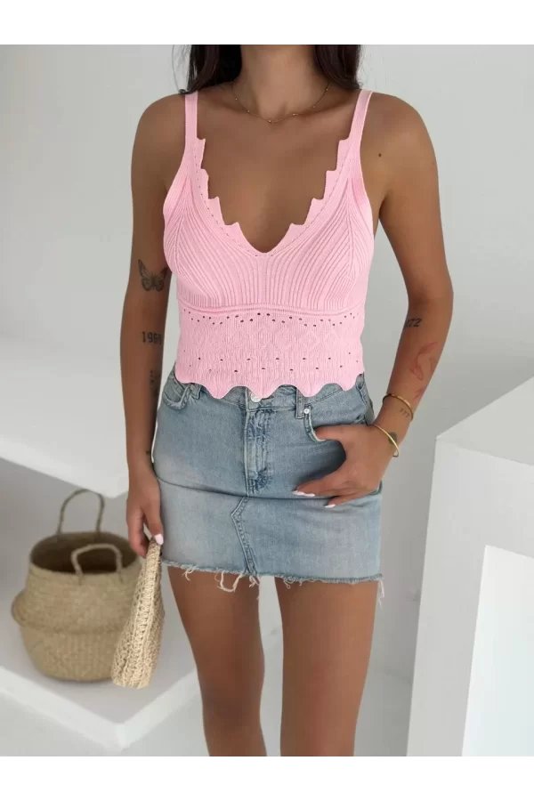 Luz&Pos V Yaka Askılı Arkası Açık Triko Crop - Toz Pembe