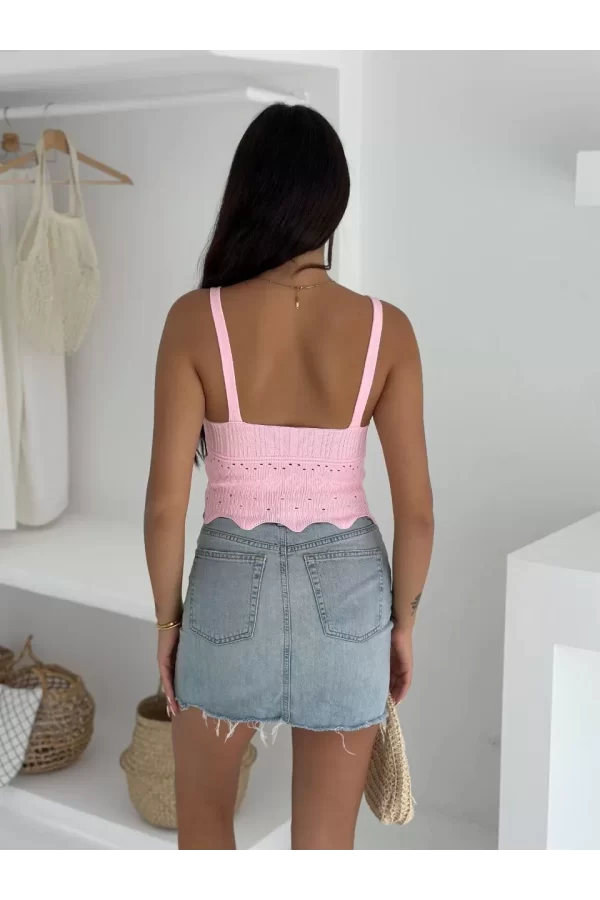 Luz&Pos V Yaka Askılı Arkası Açık Triko Crop - Toz Pembe