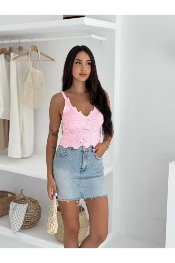 Luz&Pos V Yaka Askılı Arkası Açık Triko Crop - Toz Pembe